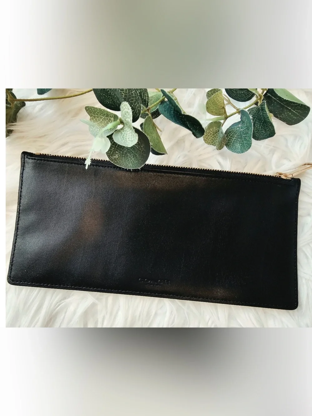 Coach Black Leather Long Zip Pouch with Gold Hardware